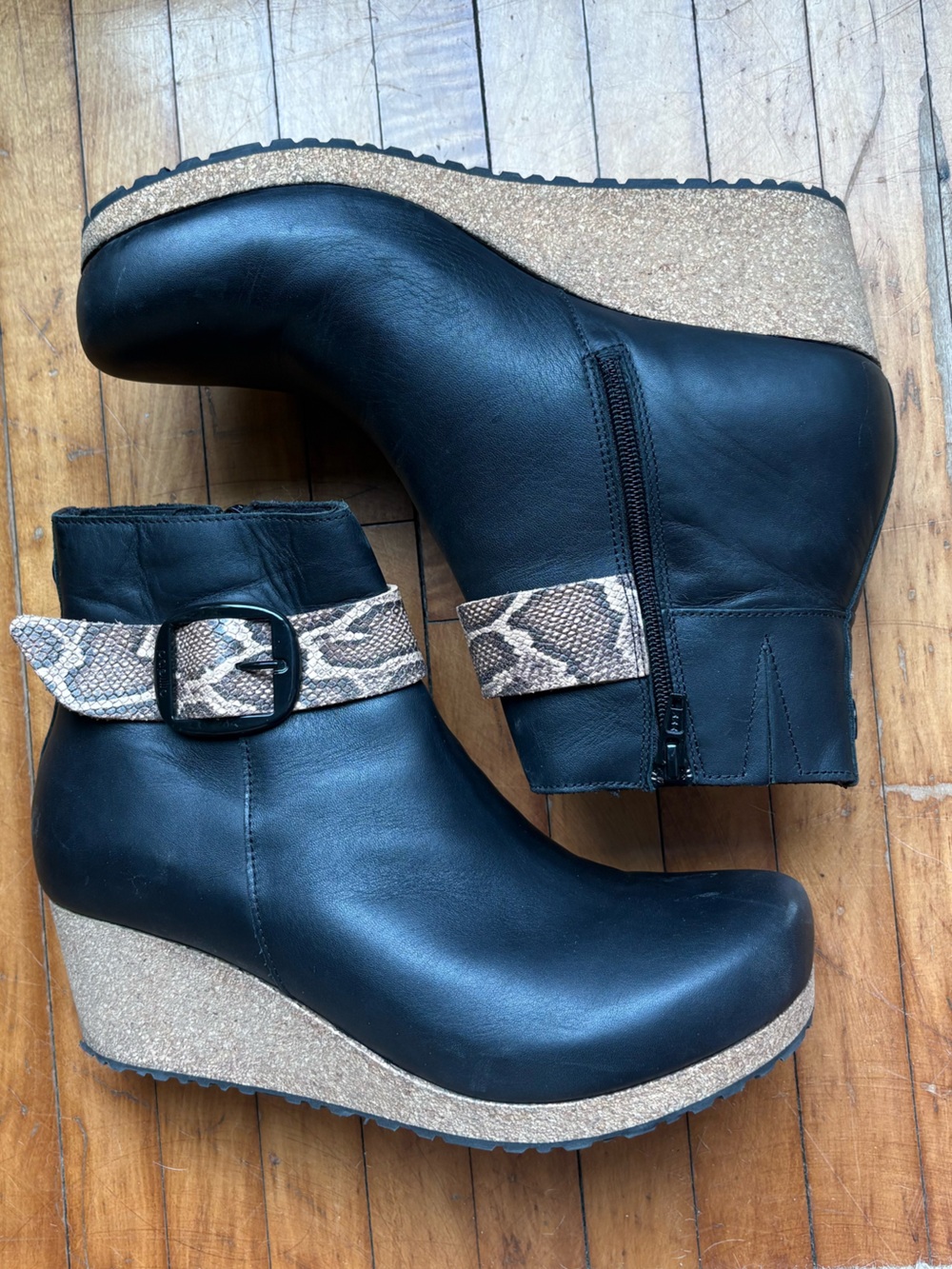 Birkenstock Papillio Elli Big Buckle Wedge Ankle Boots with Snakeskin Strap